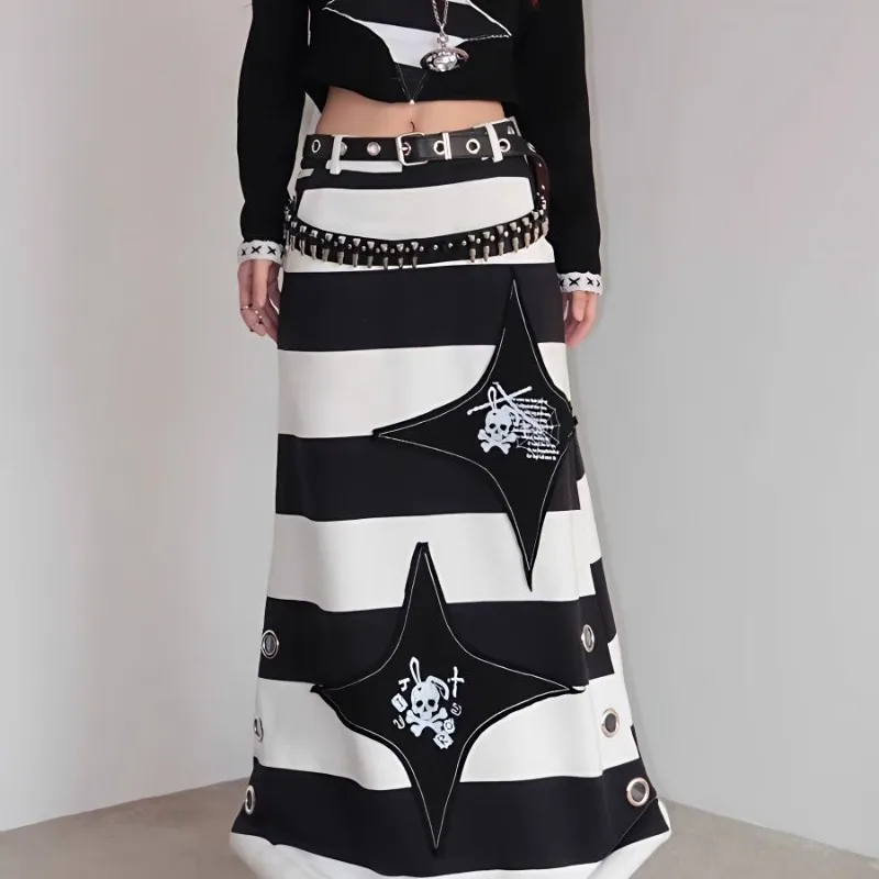 

Women Spring Autumn Skirt Subculture Punk Black and White Stripes Skull Print Studs Straight Leg Chic Versatile Designer Unique