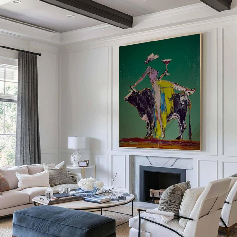Top Handmade Abstract Oil Painting On Canvas Large Mural The Girl Riding The Bull Wall Art Picture Decor Living Room Home Paints
