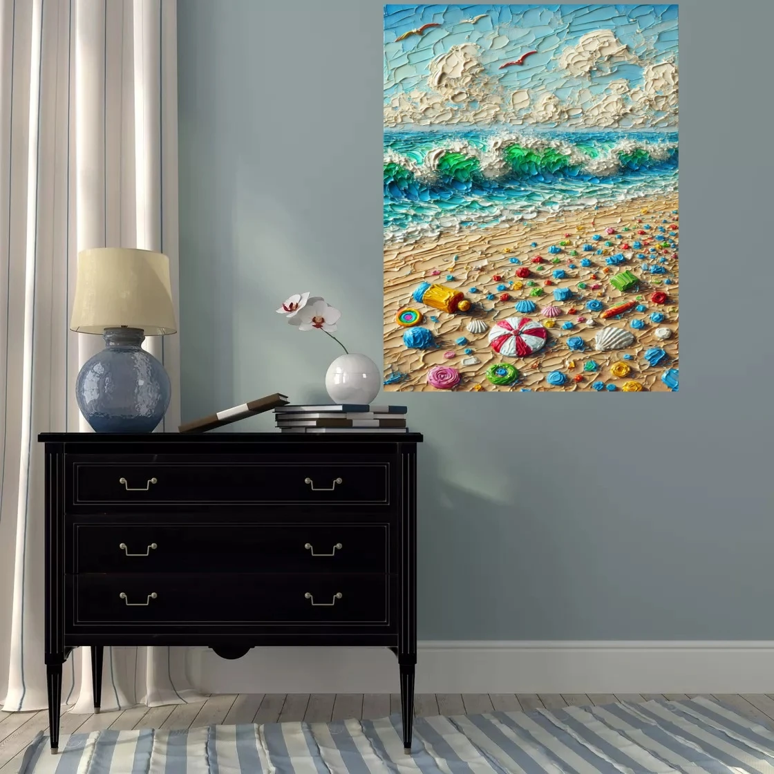 Abstract Beach Scene Oil Painting - Hand Painted Textured Turquoise Waves Modern Landscape Wall Art for Home Decor Vertical