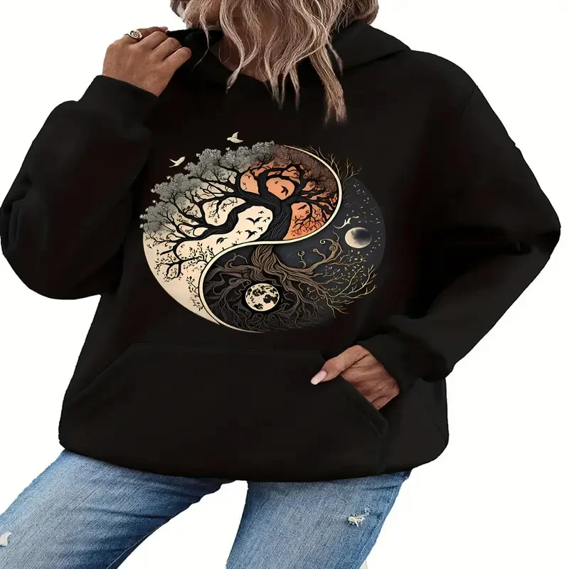 Yin Yang Tree Graphic Print Hoodie Casual Pullover Long Sleeve Kangaroo Pocket Streetwear Womens Autumn Winter Season Daily Wear