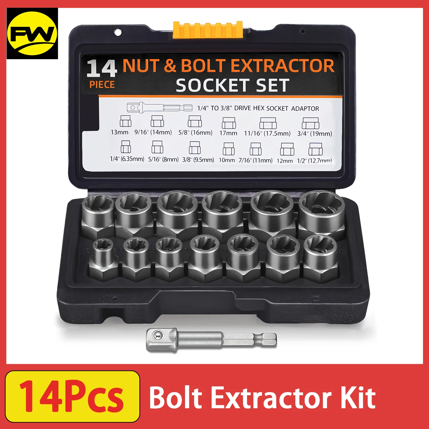 14 Pcs Bolt Extractor Kit, Impact Bolt & Nut Remover Set with 3/8 Inch Adapter, Stripped Bolt Extractor Socket Set