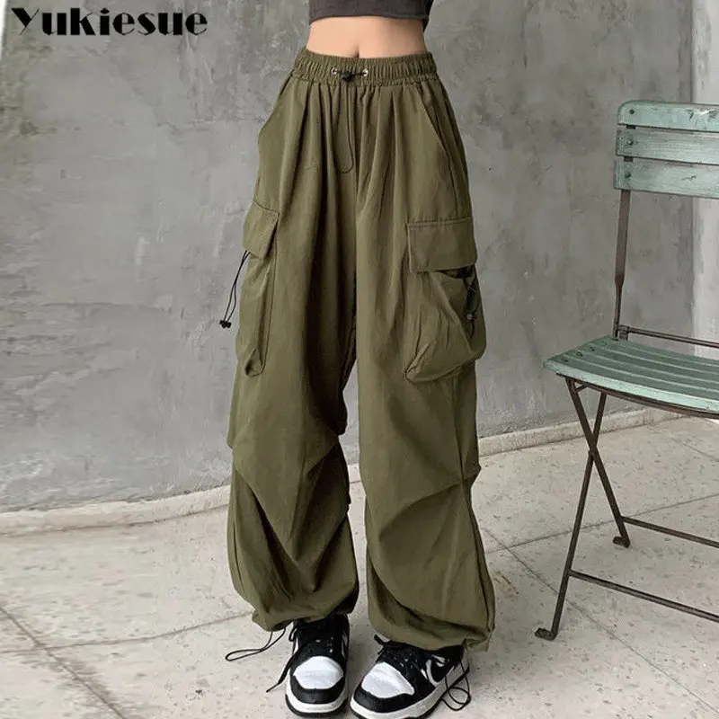 Vintage Cargo Pants Women Khaki Wide Leg Pants womens Harajuku Baggy Sweatpants Hip Hop Trousers Drawstring Streetwear Pantalon