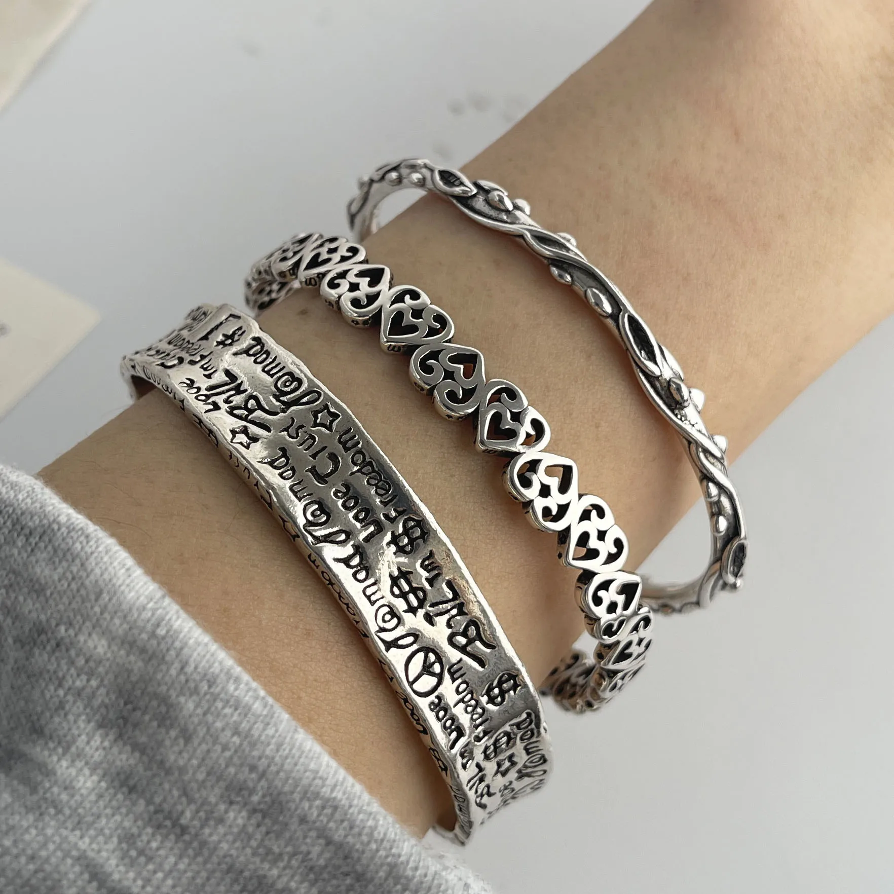 925 Sterling Silver Bracelets for Women Men String Accessories Trend Vintage Letters Heart Chain Pendant Party Jewelry Gift