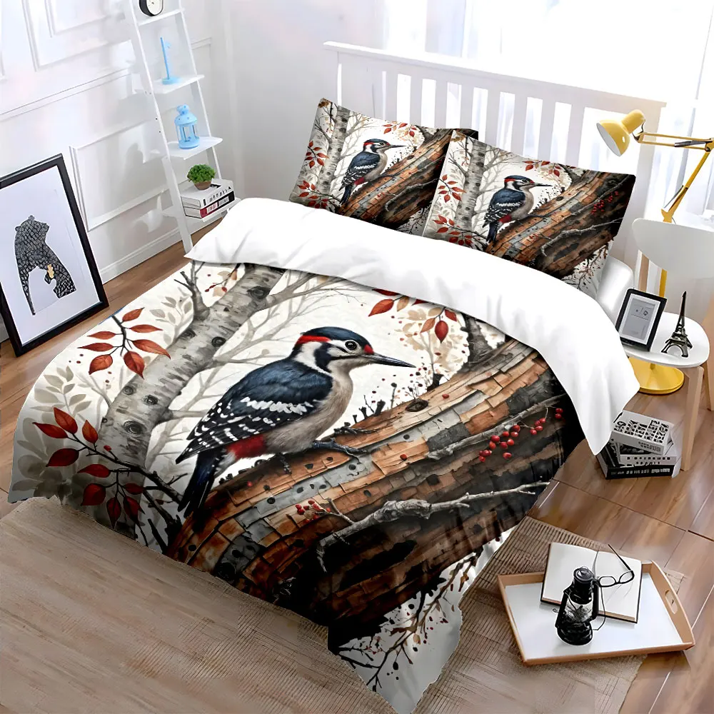 Woodpecker perched on autumn tree Pattern Duvet Cover Set Digital Print Colorful Polyester Bedding with Zipper Closur for gifts