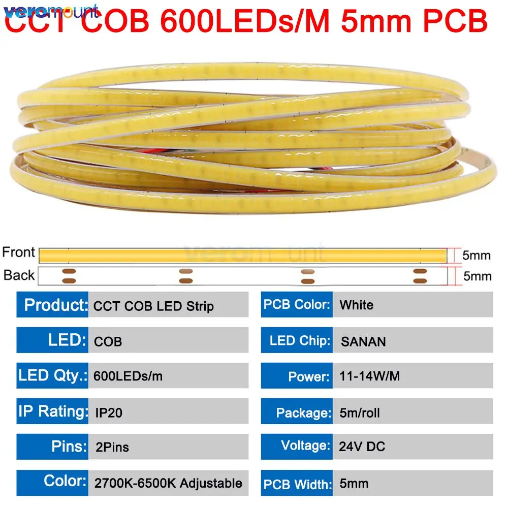 عالية الكثافة مرنة COB CCT LED ضوء الشريط ، 608 المصابيح لكل متر ، 5 مللي متر ، 8 مللي متر ، 10 مللي متر ، PCB ، RA90 ، الأبيض الدافئ ، المزدوج الخطي ، عكس الضوء ، تيار مستمر 12 فولت ، 24 فولت ، 5 متر