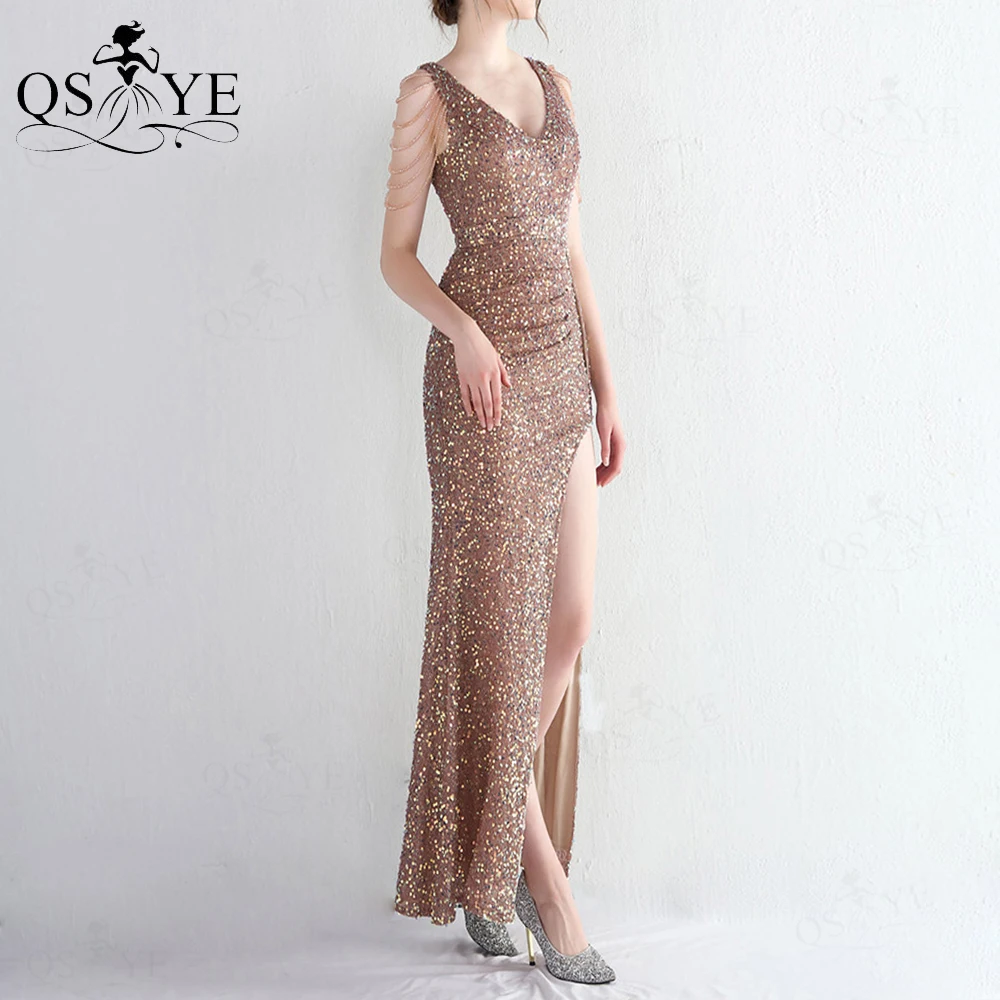 Robe de soirée Sexy pour femmes, tenue de bal, fendue, paillettes, bretelles, manches, perles, dos nu, col en V, robe élégante