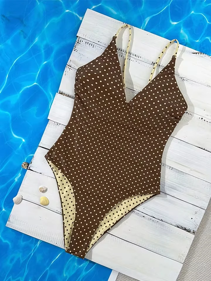 

Vzvn 2026 New All Season One Piece Suits Sexy Sportswear Women Fashion Vintage Sleeveless Swim Dot Slim Spaghetti Strap V Neck