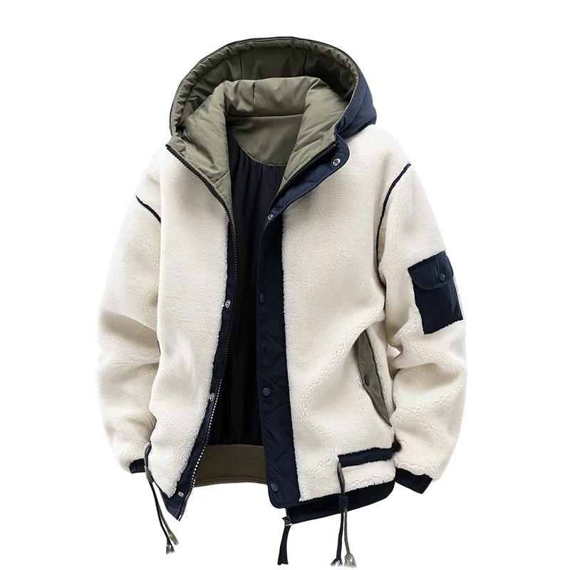 2025 Winter Men Jacket Thicken Warm Contrast Color Hooded Male Coat Fashion Windproof Long Sleeve Zipper Loose Man Outerwear