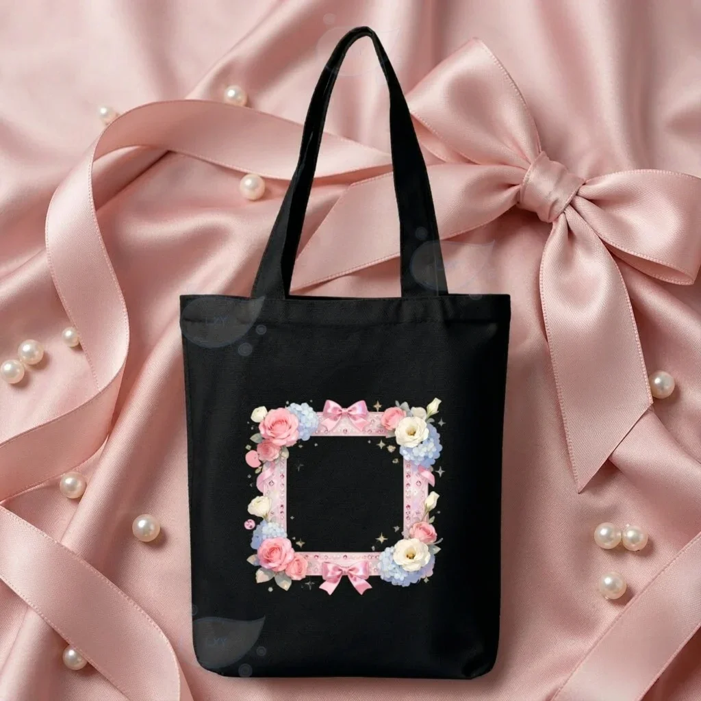 Dreamy Floral Bow Frame Canvas Shoulder Bag Thick Canvas Tote Bag Large Storage Handbag For Daily Carry