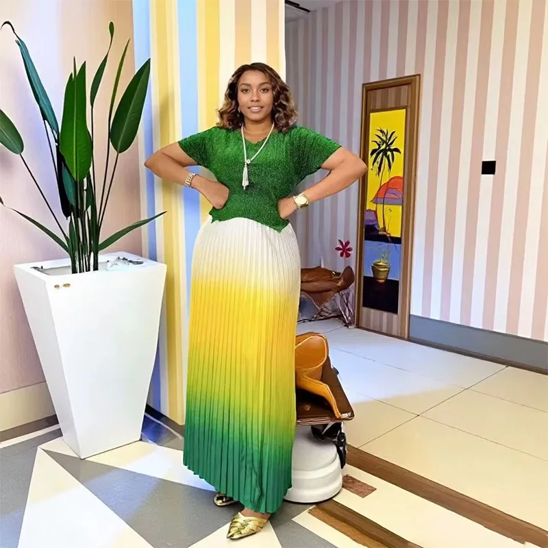 

KEXU 2025 Fashion Party Gradient Color Women's Two-piece Set Pleated Bubble Sleeve Top and Big Swing Ruched Maxi Dress Sets