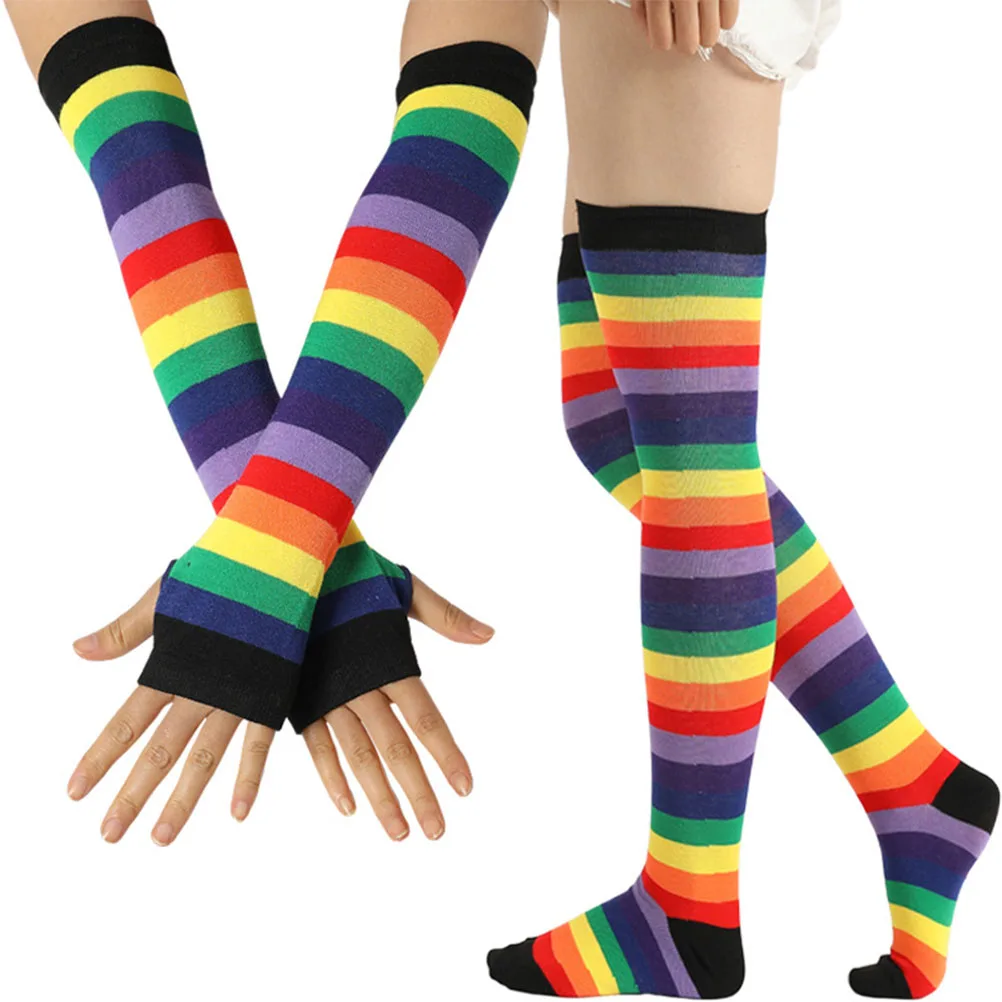 

2pcs Rainbow Stripes Gloves Socks Set Colorful Warm Thigh High Stockings Elastic Anti-Slip Reusable Leg Warmers For Women Girls