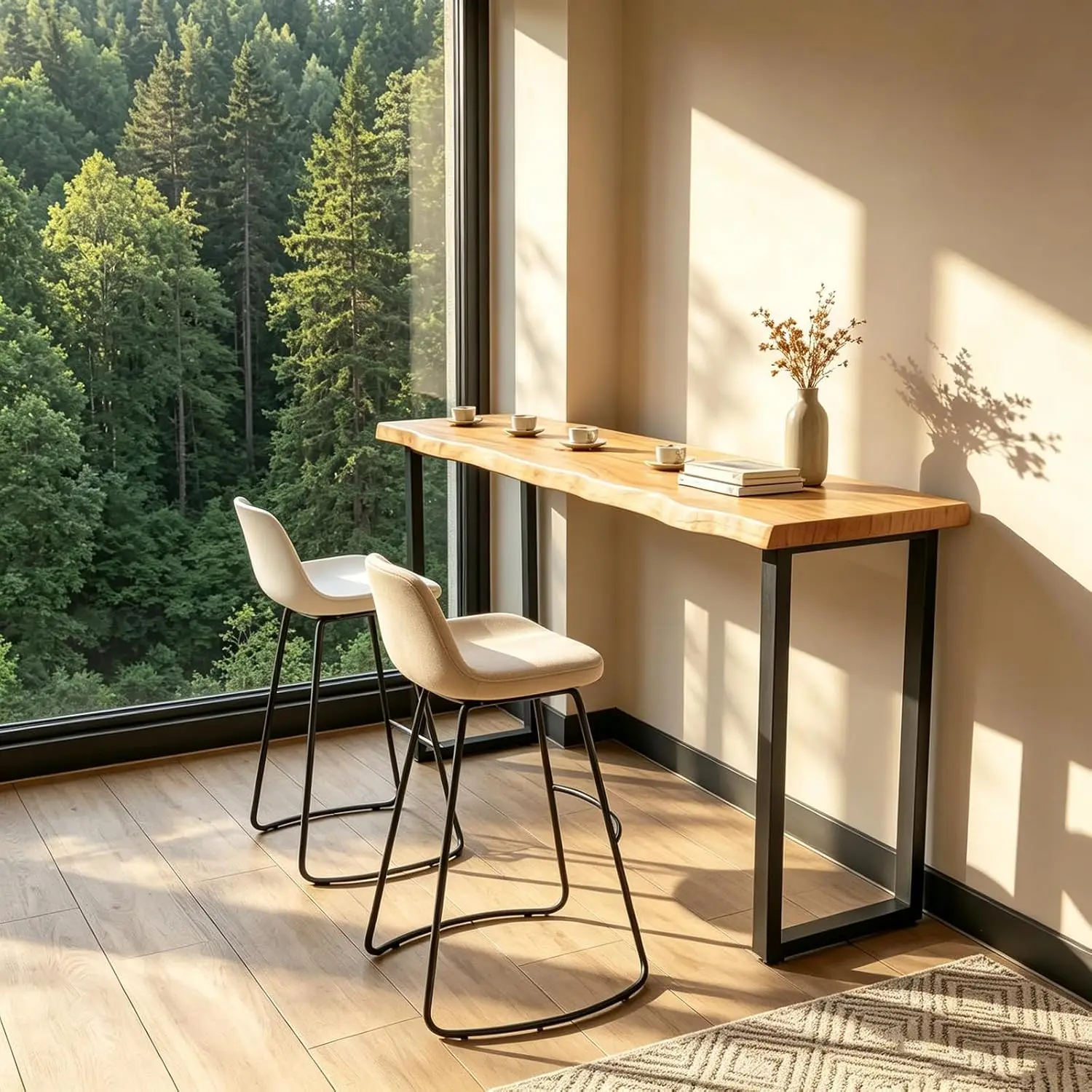 47in Narrow Bar Table, Solid Wood Counter Height Tables with Sturdy Metal Frame, Rectangular Pub Table for Small Spaces