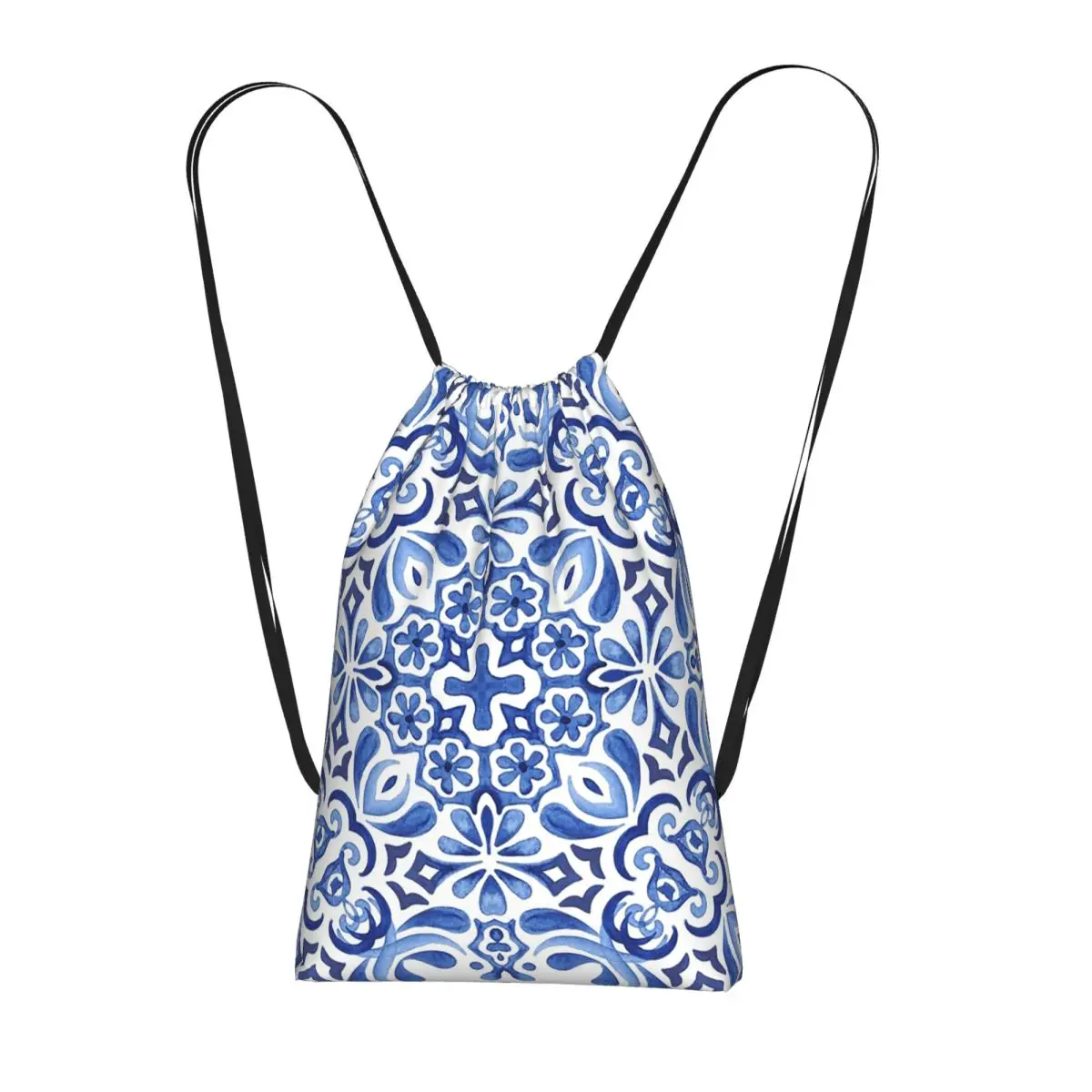 Mediterranean Mosaic Tiles Azulejos Drawstring Backpack Sports Gym Bag Portable Travel Drawstring Bag for Men Women