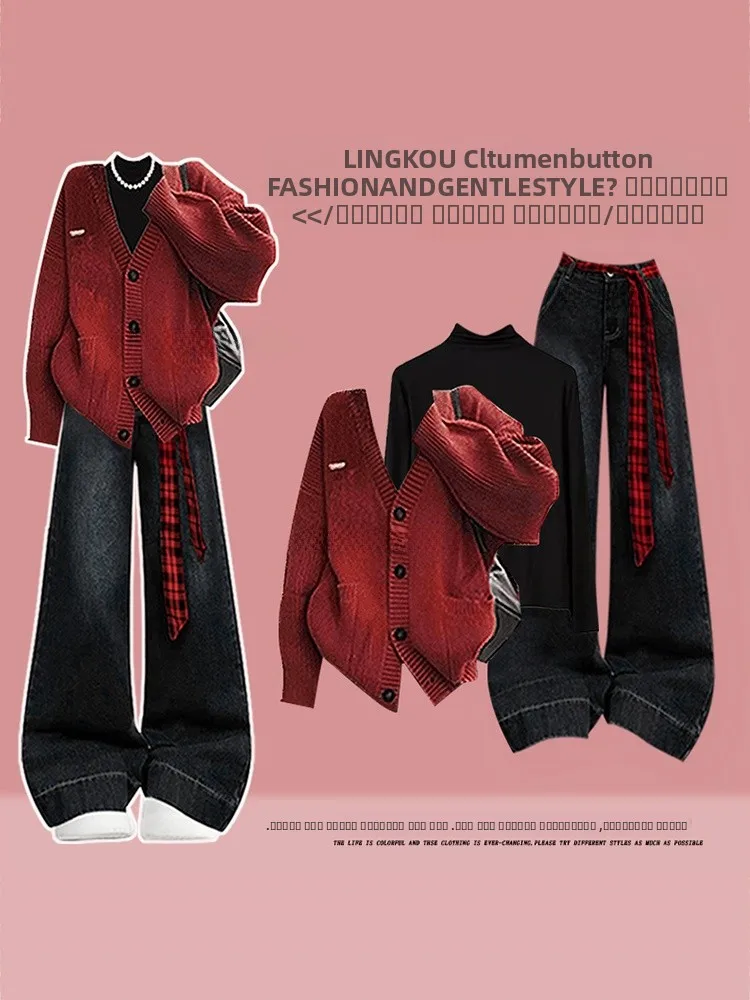 

Women's Casual Knitted Sweater And Denim Tee-Piece Set Vintage Sle Red Cisas New Year's Outfit Large Size Autumn Winter