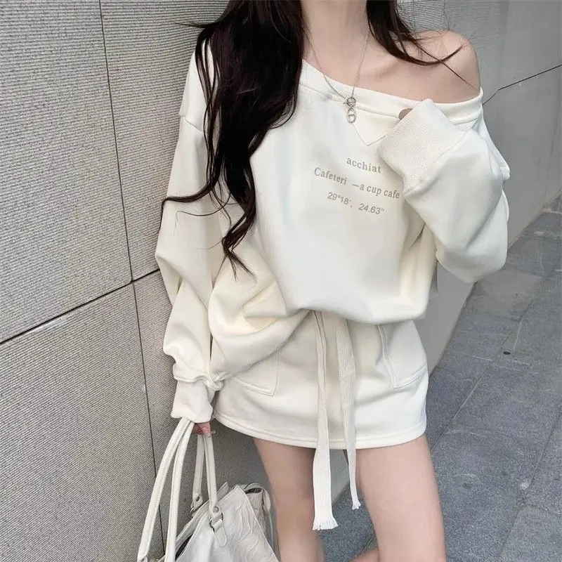 Nice Slash Neck Letter Printing Sweatshirts Female Autumn New A-line Skirt High Waist Simplicity Casual All-match Shirring Dress