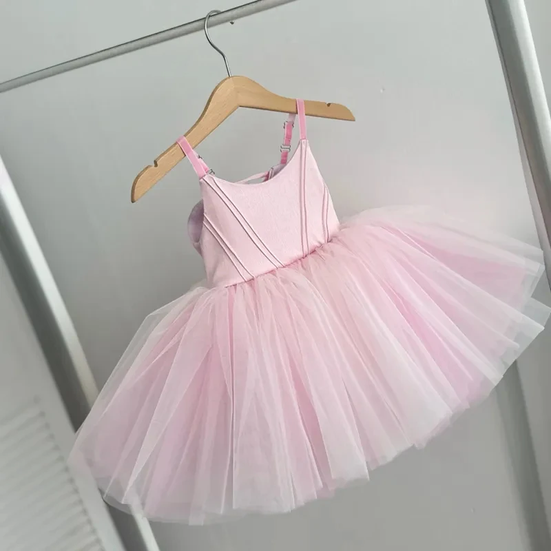 Soft Pink Spaghetti Strap Ballet Tutu Dress Adjustable Tulle Skirt Girls Toddler Dance Birthday Pageant Party Outfit Vestidos