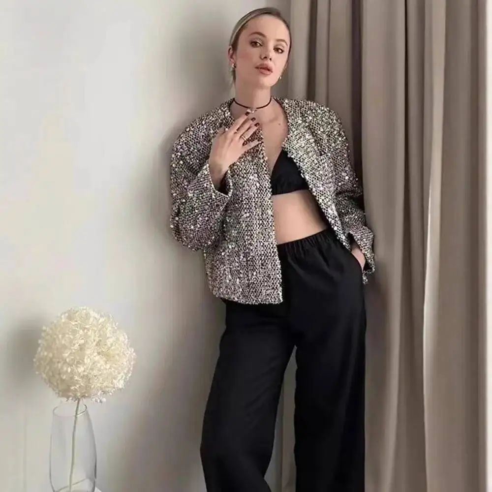 سترة نسائية Y2K الطيار للخريف والشتاء برقبة دائرية بلون سادة سترة تويد مستقيمة ترتر وأكمام طويلة ملابس خارجية عصرية