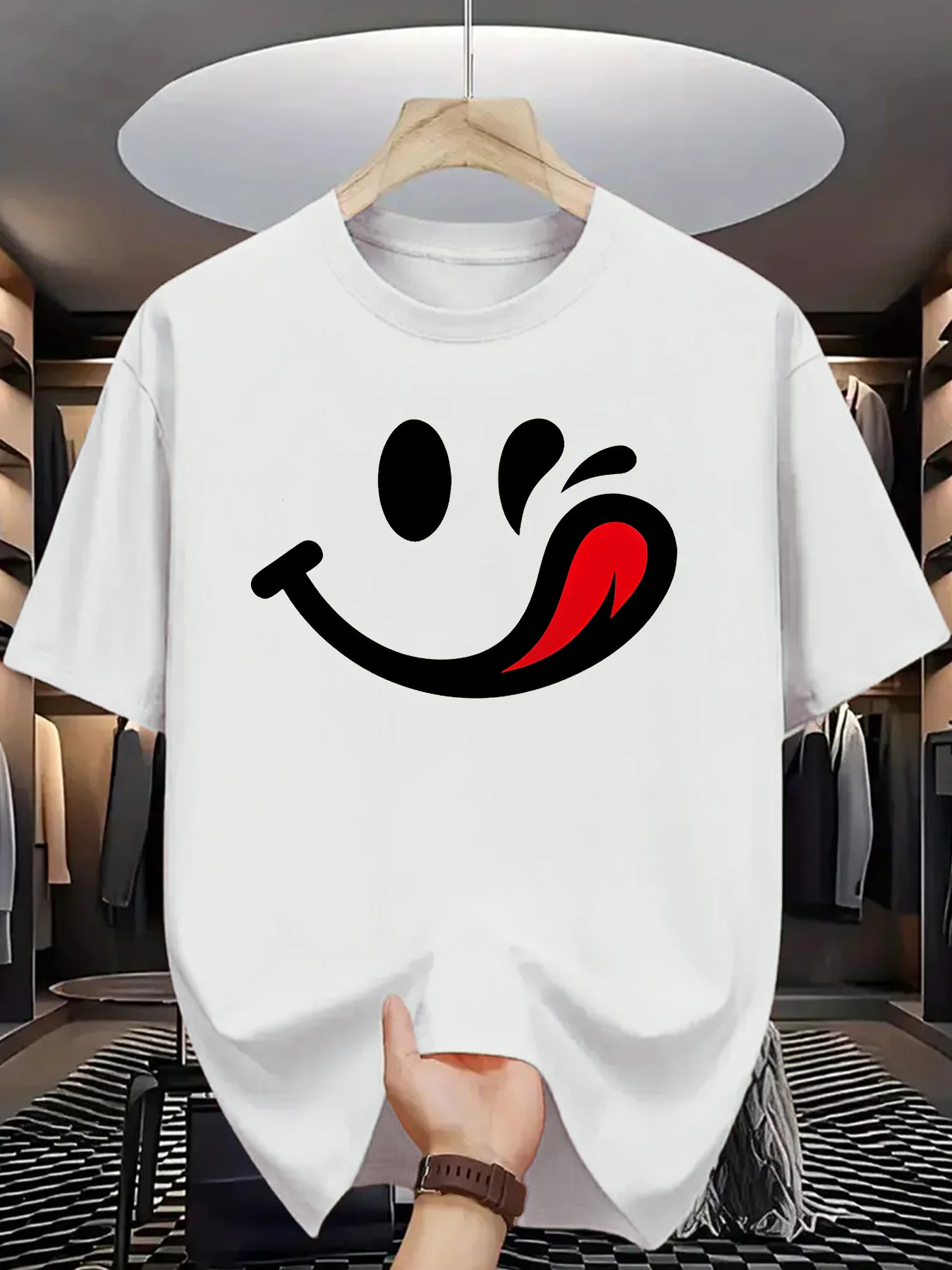 Winking Licking Smiley Face Graphic Tee Breathable Cotton Short Sleeve T-Shirt for Men Daily Wear