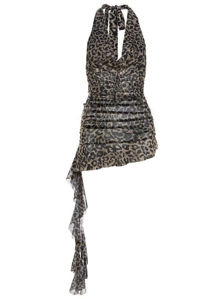 Leopard Print Subculture Harajuku Vintage Graphic Sleeveless Y2K Hanging Neck Tops Slim Fit Casual Tees 2025 Summer Fashion New