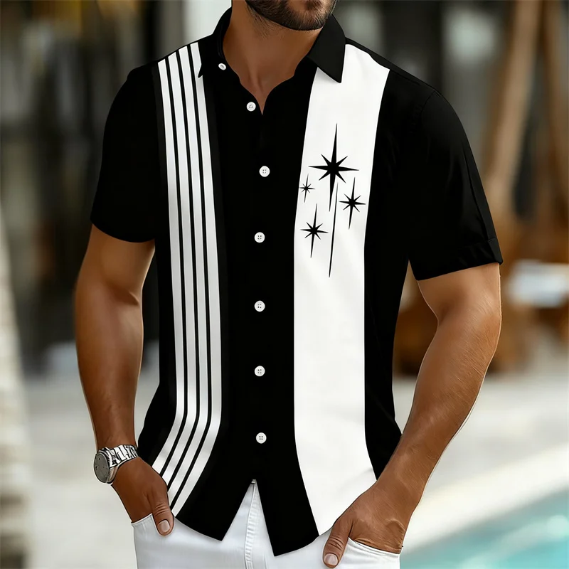 2026 New Men's Retro Print Shirt Blue White Short Sleeve Lapel Collar Casual Button Up Summer Daily Wear Lightweight Shirts