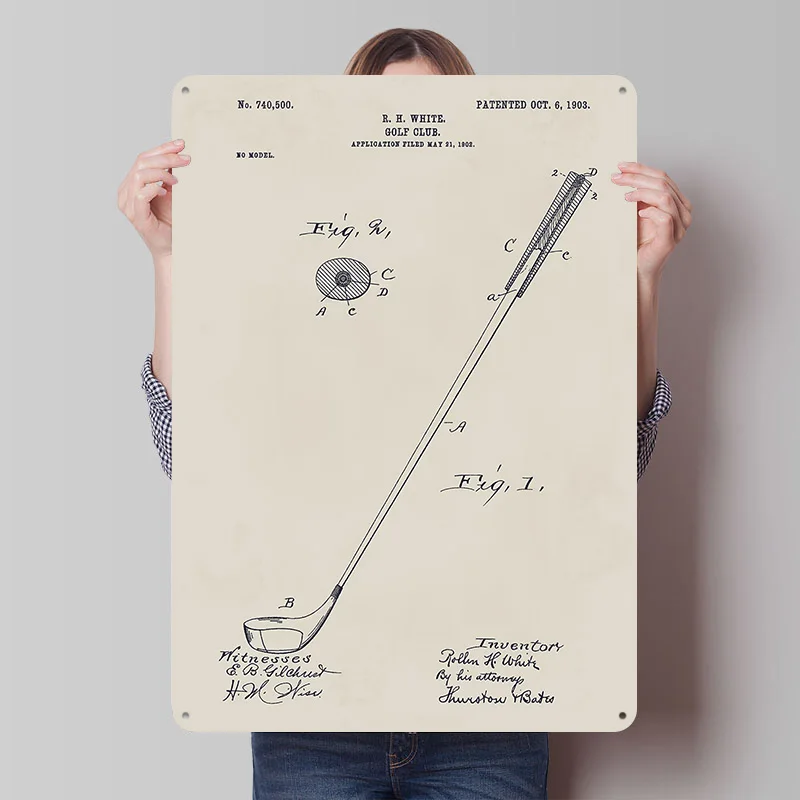 Golf Club Patent Drawing Tinplate Poster Custom Wall Art Vintage Metal Signs Retro Tin Plaque for Gamer Room Decoration Cozy