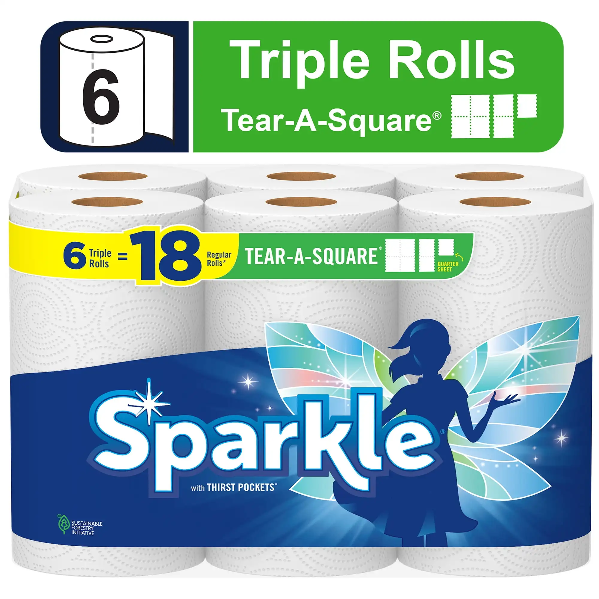 

Sparkle Tear-A-Square Paper Towels, 6 Triple Rolls