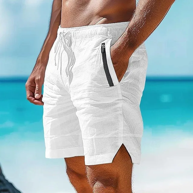 

Мужские льняные шорты 2026 года с молнией, пэчворком, на шнурке, с эластичным поясом, летние, однотонные, для пляжа, отдыха, спорта, удобные, дышащие