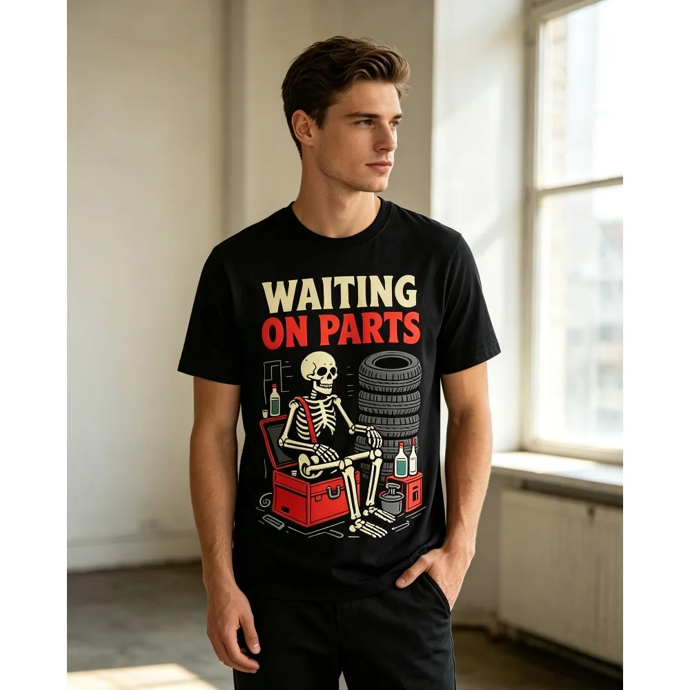 2026 New Waiting On Parts Funny Mechanic Theme T-shirt, Skull Sitting On Toolbox Illustration Street Unisex Tops