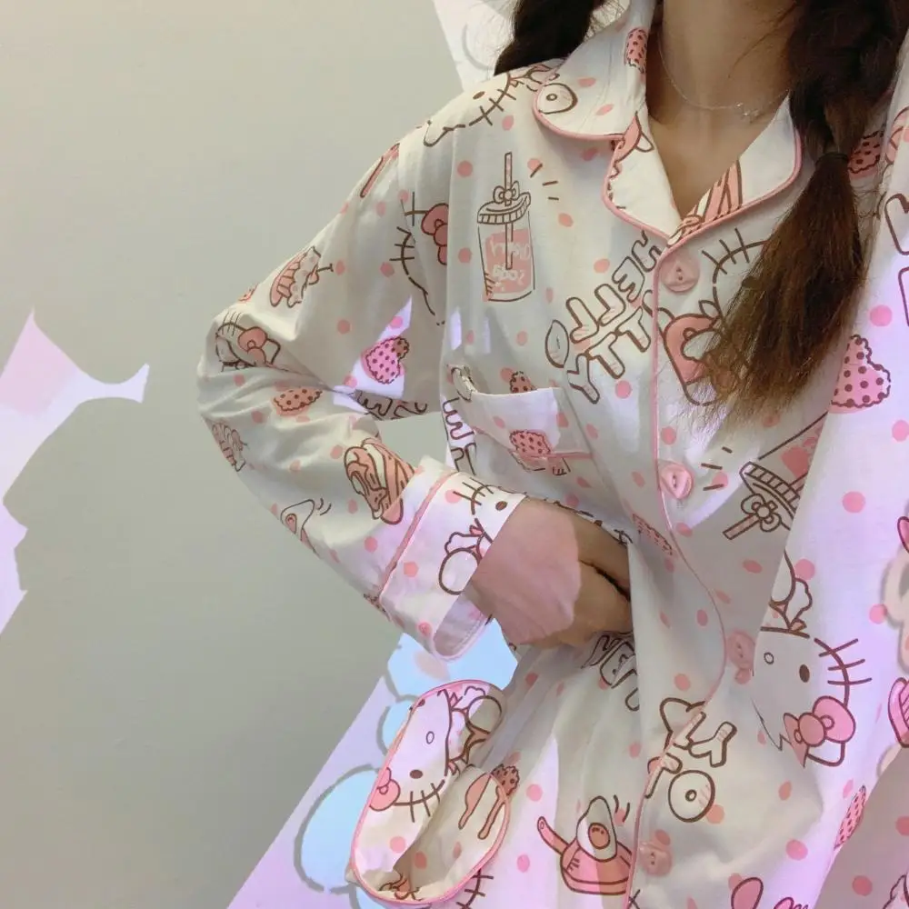 Hello Kitty 2Pcs Cute Pajamas Suit Cartoon Sanrioed Anime Kawaii Women Spring Autumn Tops Pants Loungewear Homewear Sweet Girls