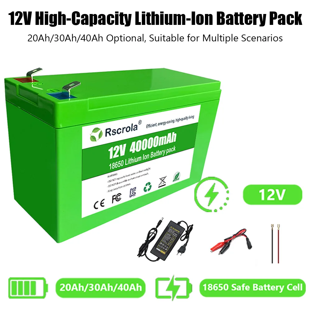 12V Large-Cap 18650 Rechargeable Li-ion Battery Pack (20/30/40Ah)+Charger – Fits Sprayer, Agri, Solar, Kids’ Toy Car, Scale