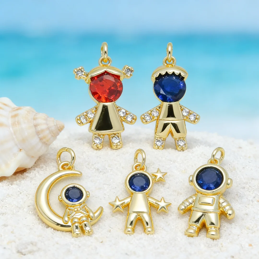 4Pcs Pendants Brass Cubic Zirconia Cute Astronaut Star Moon Charms for DIY Jewelry Necklace Bracelet Daily Fashion Accessories