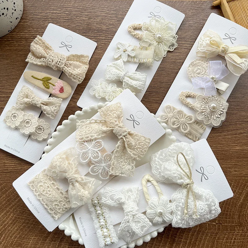 4Pcs Korean Baby Girl Hair Clips Handmade Cotton Bows Lace Jacquard Floral White Kids Hairgrips Cute Children Hair Accessories