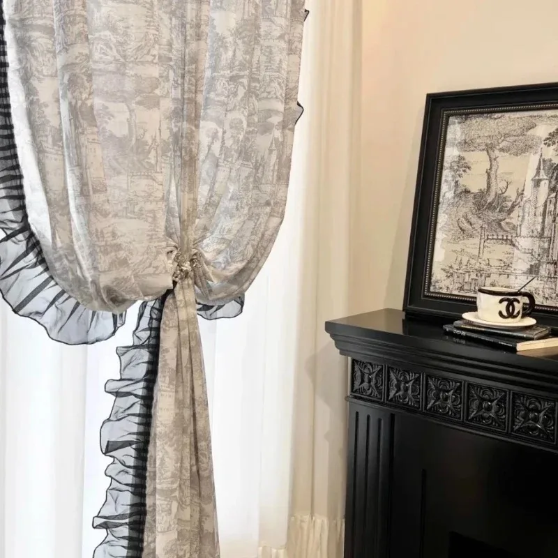 DZQ Korean Printed Lace White Tulle Curtains for Living Dining Room Bedroom Luxury Home Decor French Windows Curtain Custom Lace