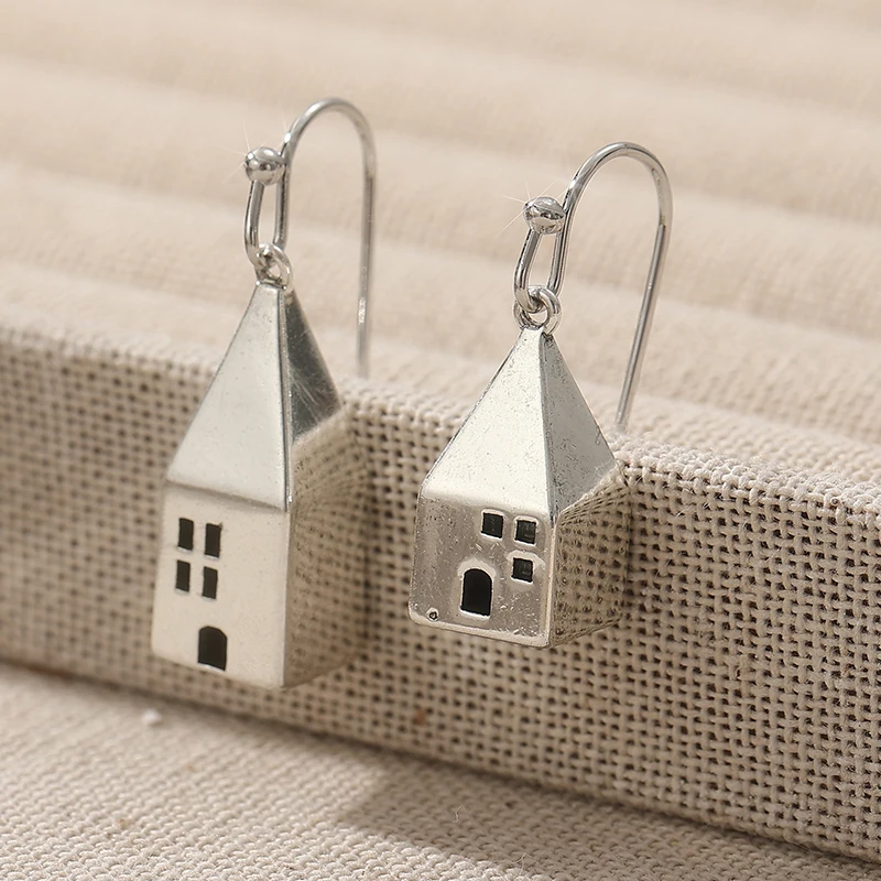 خمر بسيط فضي اللون المعادن نحت البيت تصميم نمط استرخى أقراط للنساء مجوهرات #4