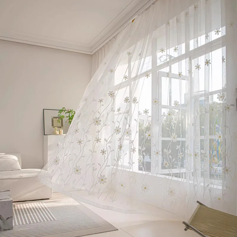 Daisy Embroidery Tulle Curtain White Elegant Transparent Sheer Drapes Versatile Pleated Tape For Living Room Bedroom