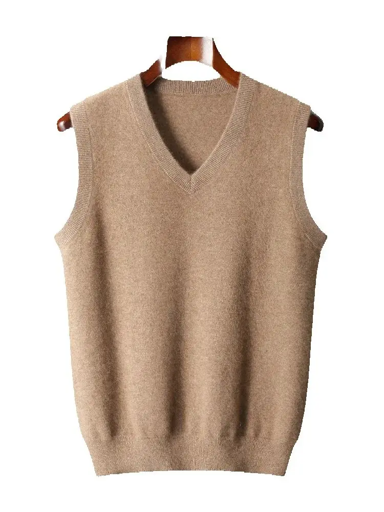 

Autumn Winter Men V-neck Cashmere Waistcoat Sleeveless Sweater 100% Merino Wool Knitwear Pullover Basic Casual Clothing Tops