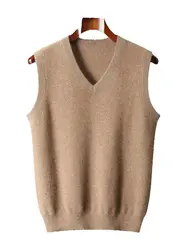 Autumn Winter Men V-neck Cashmere Waistcoat Sleeveless Sweater 100% Merino Wool Knitwear Pullover Basic Casual Clothing Tops
