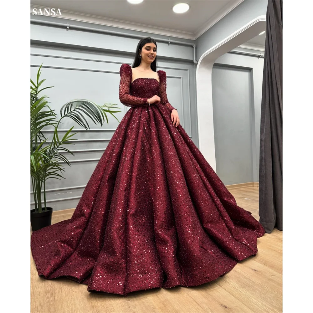 Sansa Luxury Wine Red Long Sleeve Evening dresses Square Collar Shiny Sequi Vestidos de fiesta A-line Floor-Length فساتين سهرة