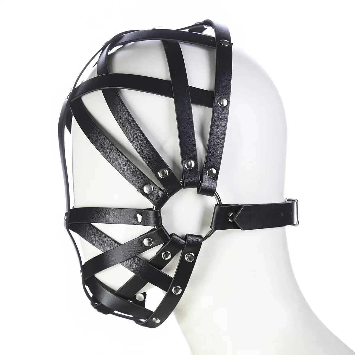 PU Leather Hollow Out Face Mask for Men, Black Bandage, Cosplay Face Cover, Adult Roleplay Party Visor, Metal Buckle