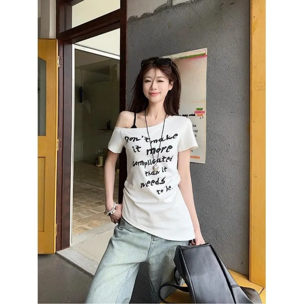 

Women's Slim-Fit Asymmetric T-Shirt Summer Sexy Spice Girls American Letter Print Short-Sleeved Top Cool Style