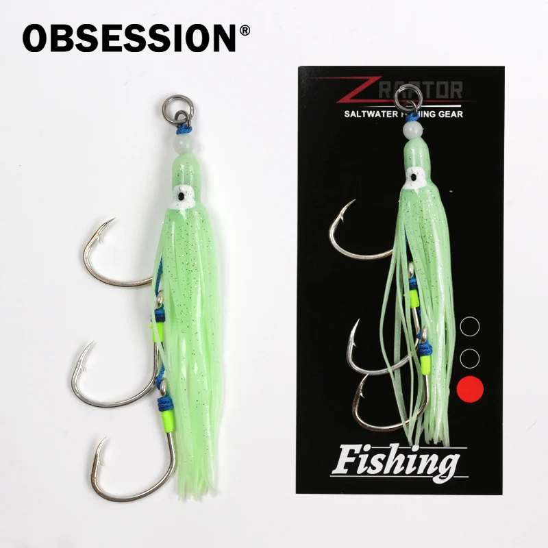 

OBSESSION HK012 1PC Saltwater Luminous Squid Hook Soft Octopus Skirts Squid Trolling Fishing Bait Slow Jigging Assit Three Hooks