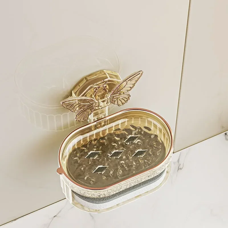 Suction Cup Soap Holder with Butterfly Design Double Layer Soap Box with Sponge and Drainage No Drilling Soap Storage Shelf