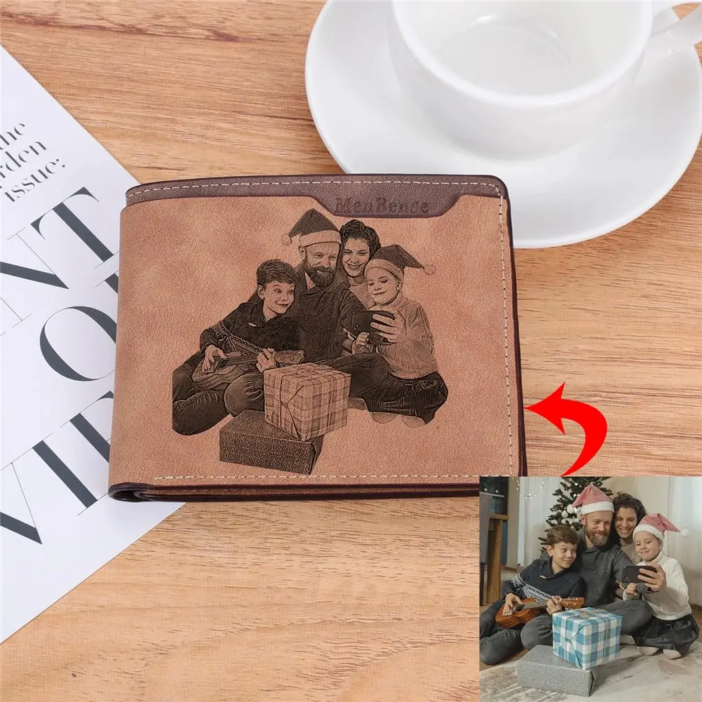 Custom Photo Leather Wallet for Men Best Dad Gifts for Husband, Personalized Picture Wallet with Quote, Birthday Gifts for Him