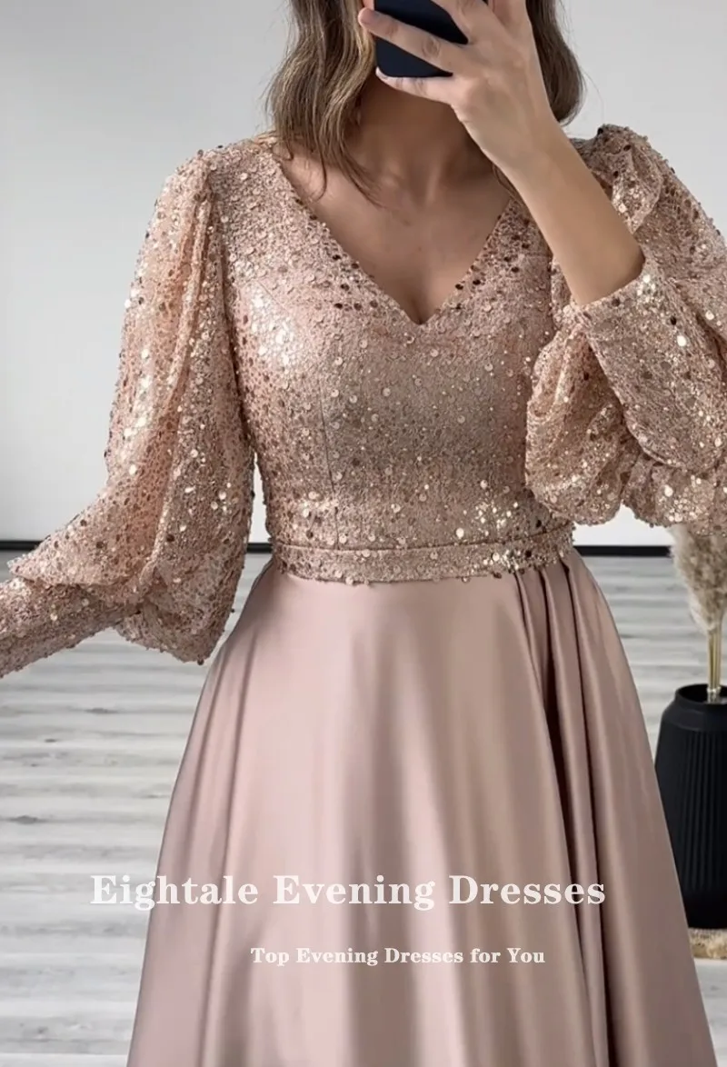 Eightale Luxury Evening Dresses Sparkly Rose Champagne V-Neck Long Sleeves Satin A-Line Arabic Prom Party Gowns Ballkleider