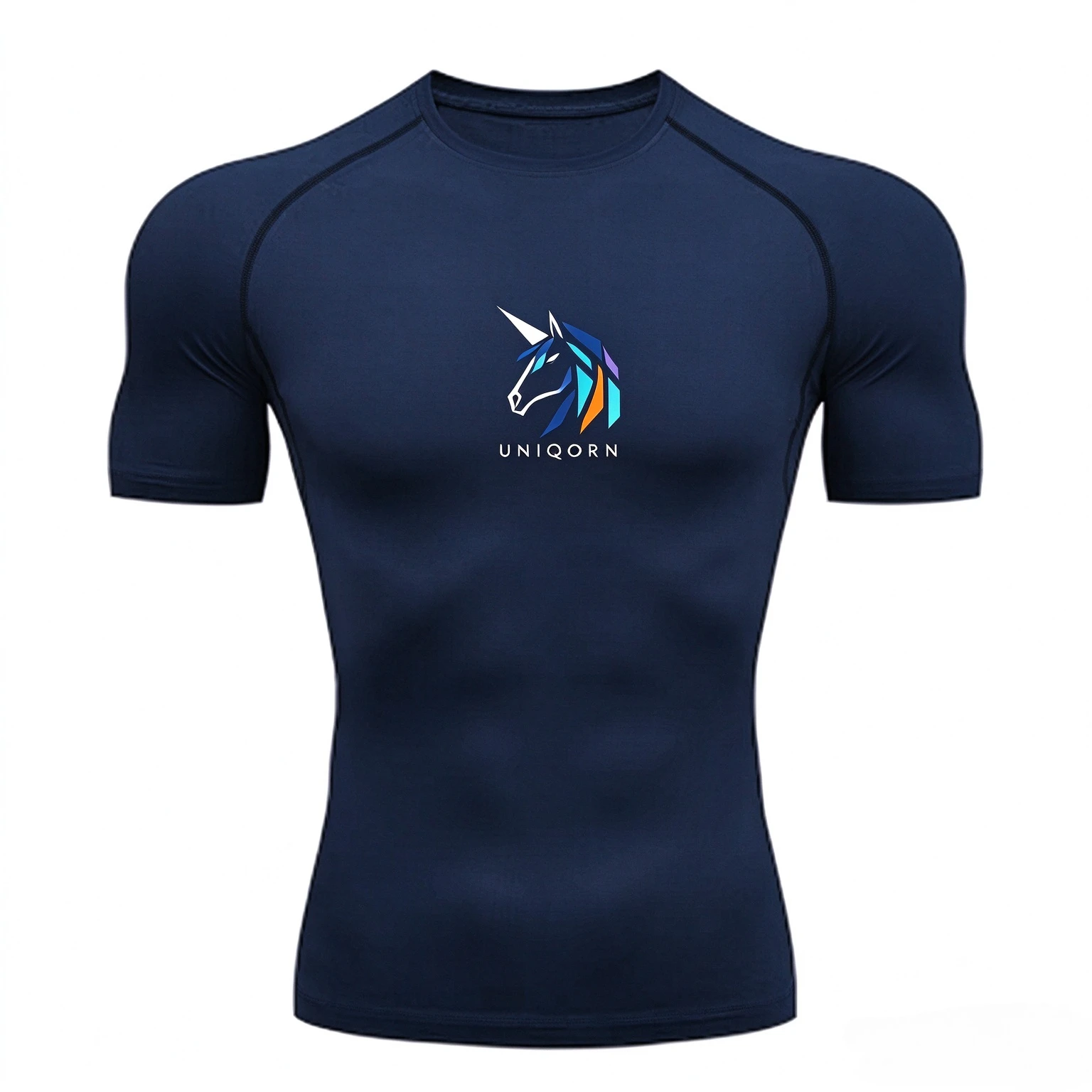 Men's quick drying compression anti rash round neck abstract unicorn print fitness base top, suitable for running and gym