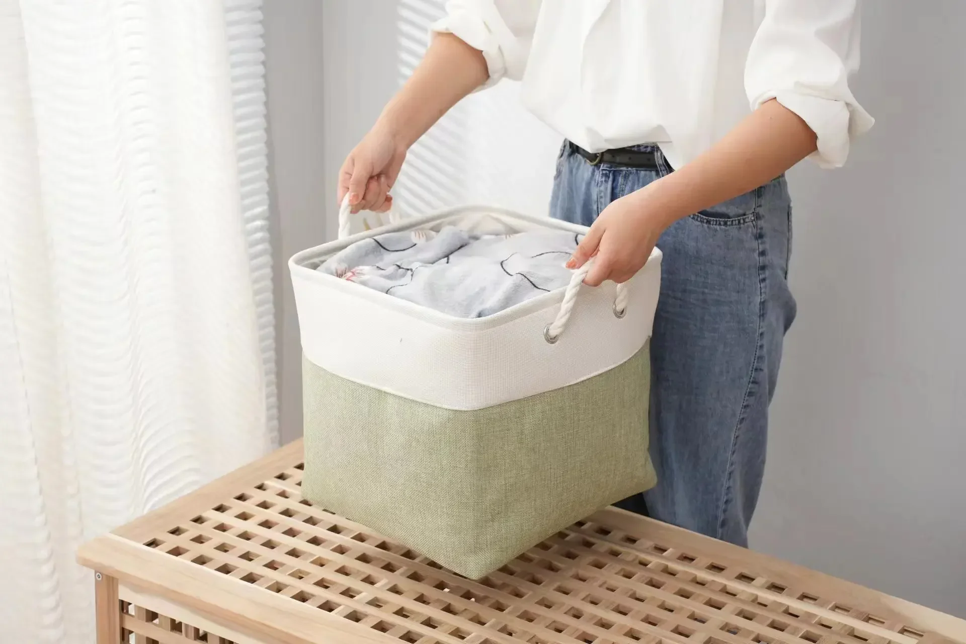 Used for Basket Storage in Bedroom or Living Room Linen Foldable Basket with Lining Baby Sundries Diaper Storage Bag,