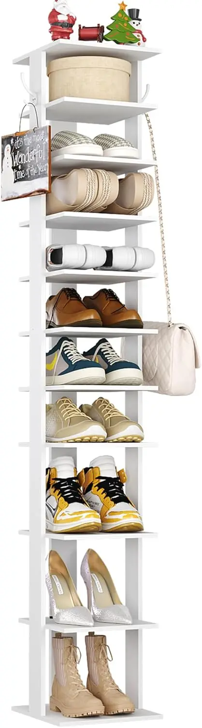 

10-Tier Corner Shoe Rack, Slim Wooden Organizer with Hooks for Entryway and Closet Storage