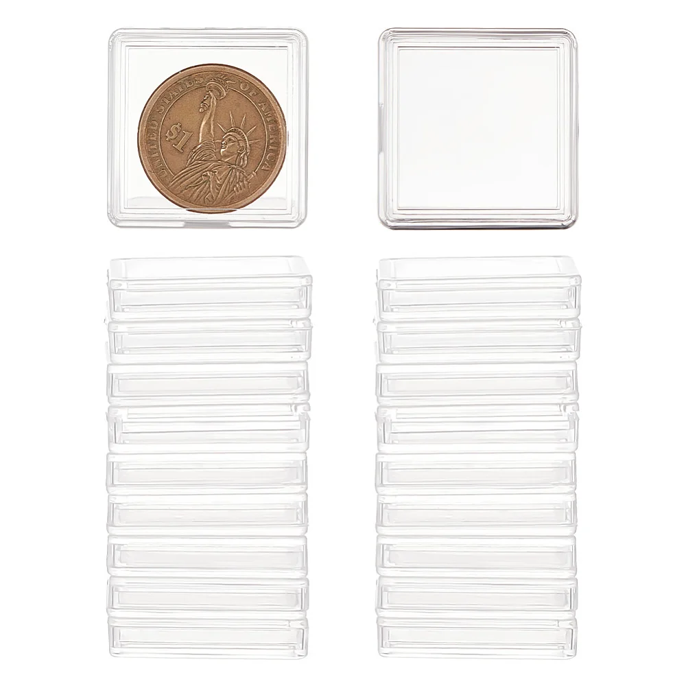 20 PCS Square Capsules 1.3x1.3inches Clear Acrylic Holder Capsules Square Coins Collector Storage Box Plastic Storage Box Specie