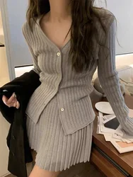 Elegant Two-piece Solid Skirt Sets Women V-neck Long Sleeves  Knitted Cardigan + Mini Pleated Skirt Autumn Y2K Korean Chic Suit