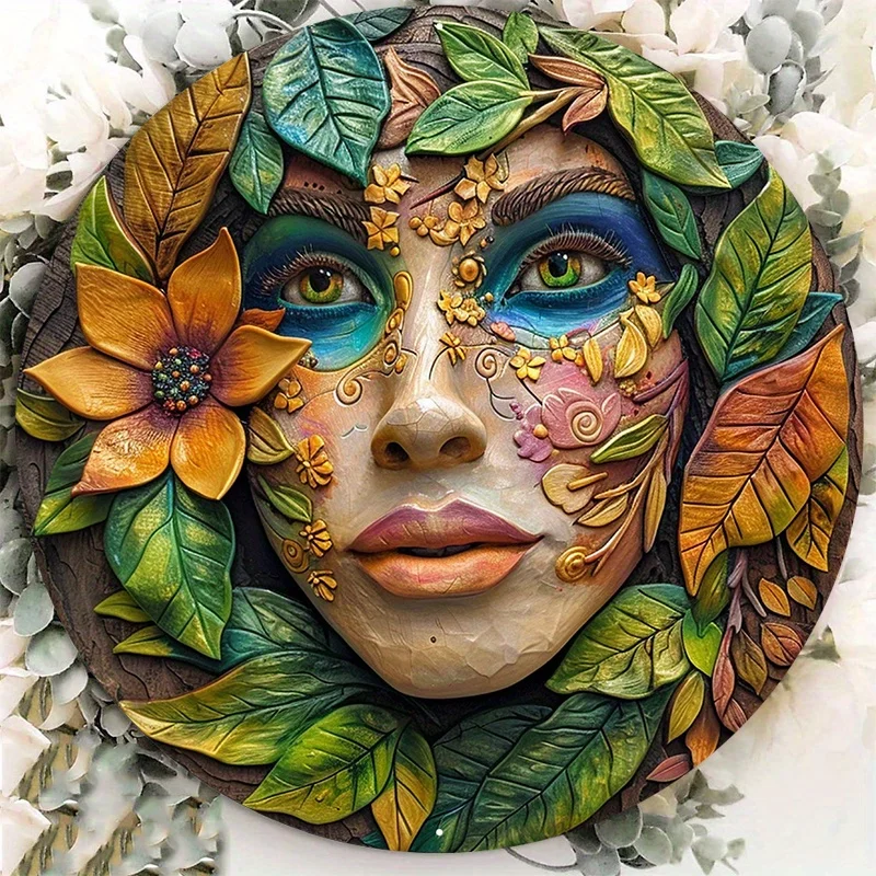 Exquisite Aluminum Metal Circular Sign, Decorative Woman Face Painted on Ceramic Circle Plaque, Durable Wall Art, Home Decor